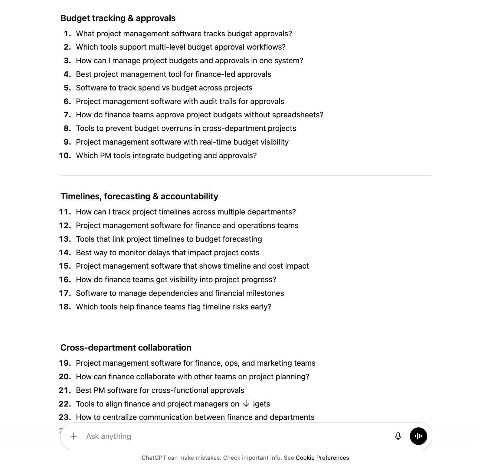 A list of 30 bottom-of-the-funnel questions for a specific target persona generated by ChatGPT based on a prompt.
