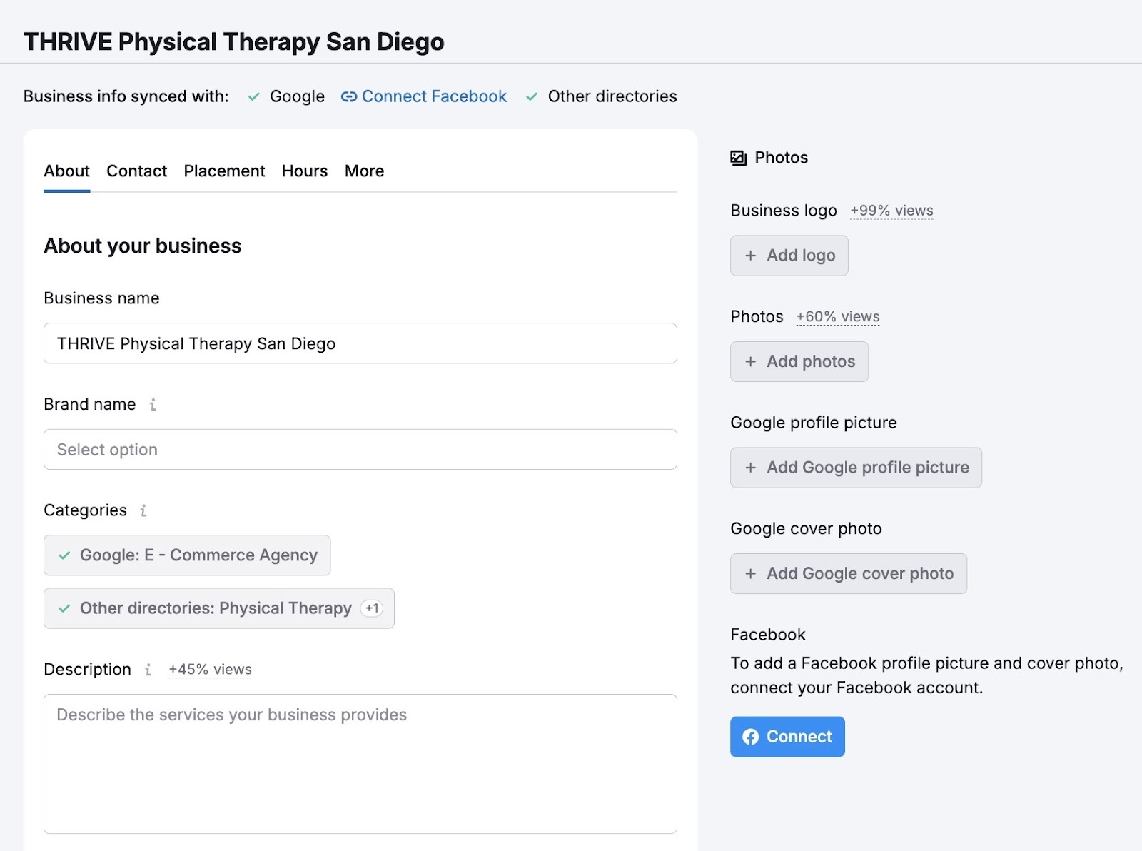A window on Semrush’s GBP Optimization Tool where you can edit business information which will automatically sync with your live GBP listing.