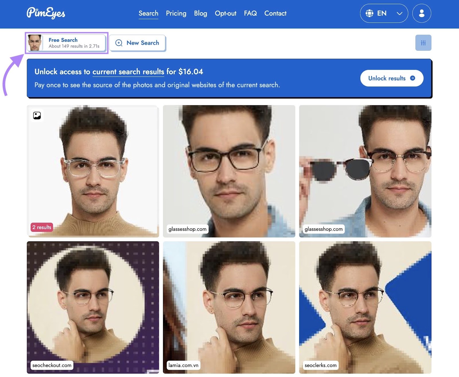 PimEyes interface with an an image of a person uploaded which then shows all the different websites that their photo is used on.
