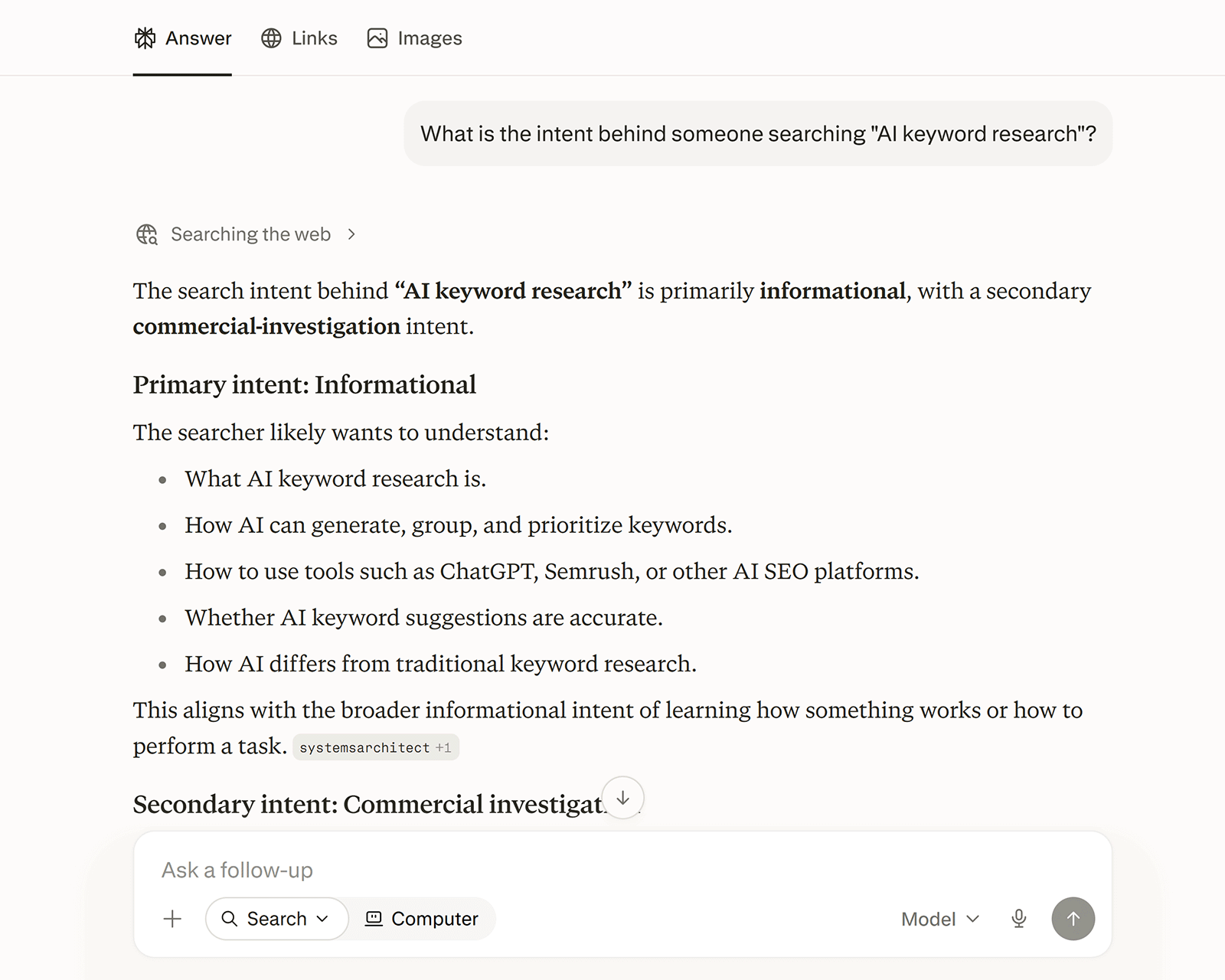 Perplexity describing AI keyword research intent as primarily informational with secondary commercial intent