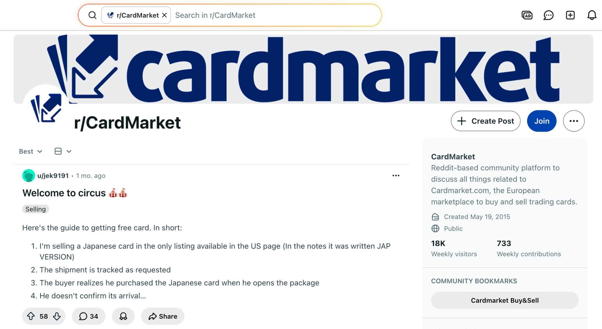 Cardmarket's Reddit page