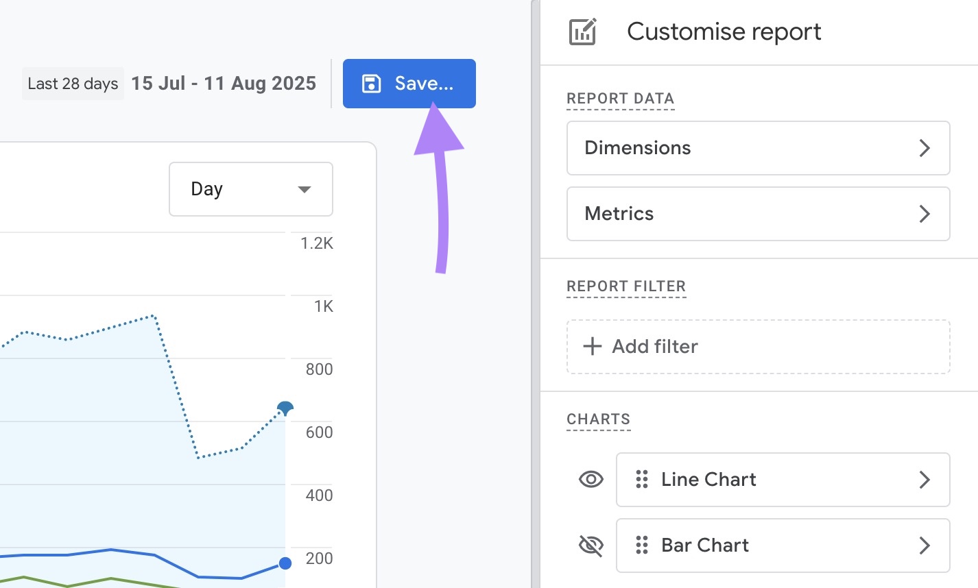 "Save" clicked after customizing a report on GA4 to add the bounce rate metric.