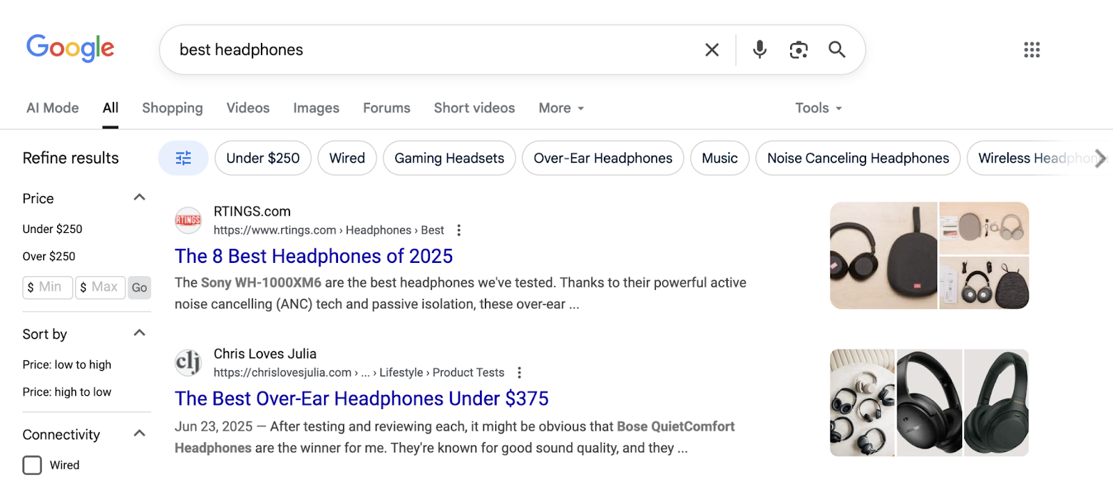 A Google SERP shows organic listings for articles like best headphones of the year or best headphones for a certain price point.