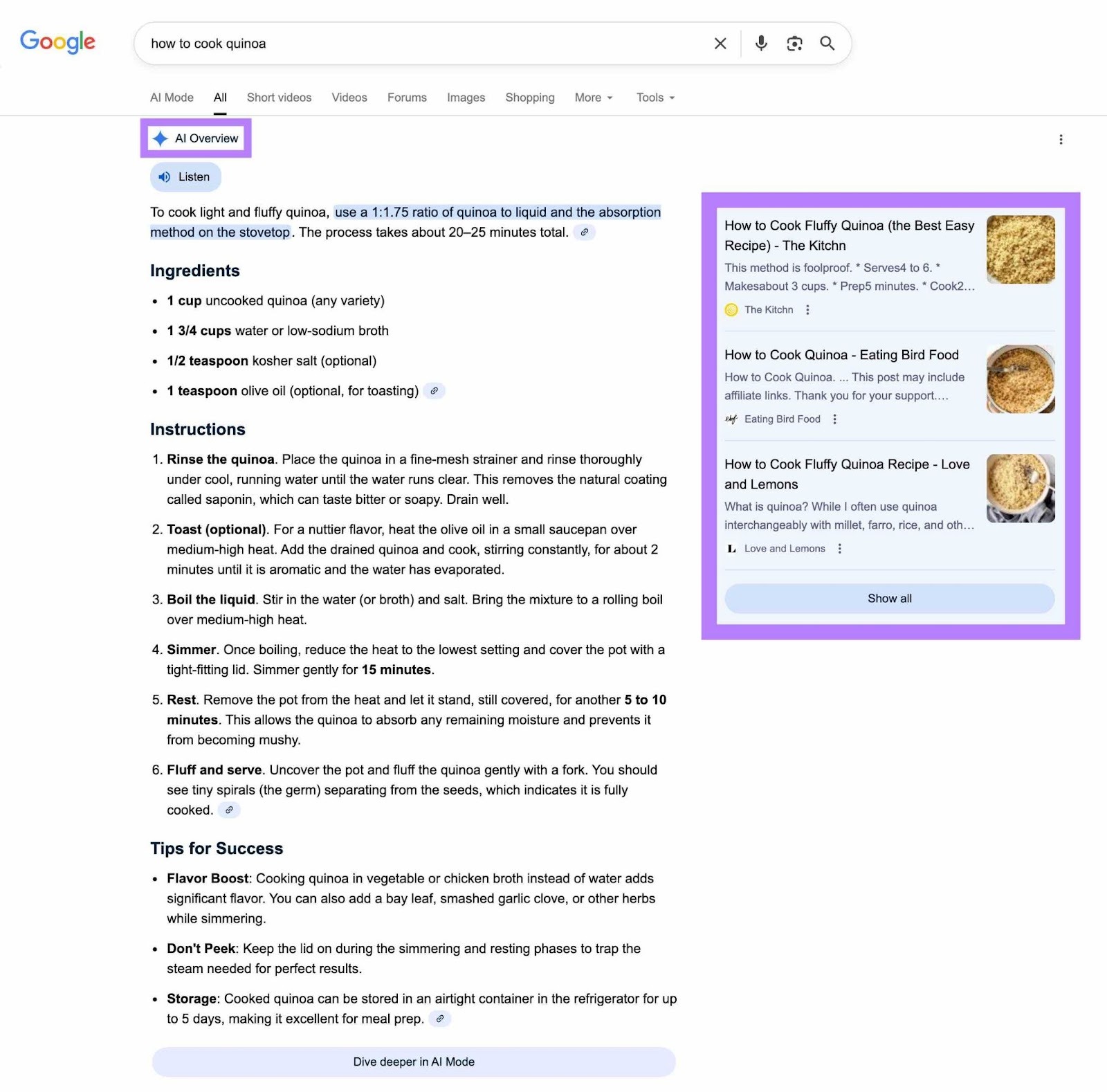 An AI Overview appearing at the top of the SERP with a colored badge, a multi-paragraph answer, and source citations.