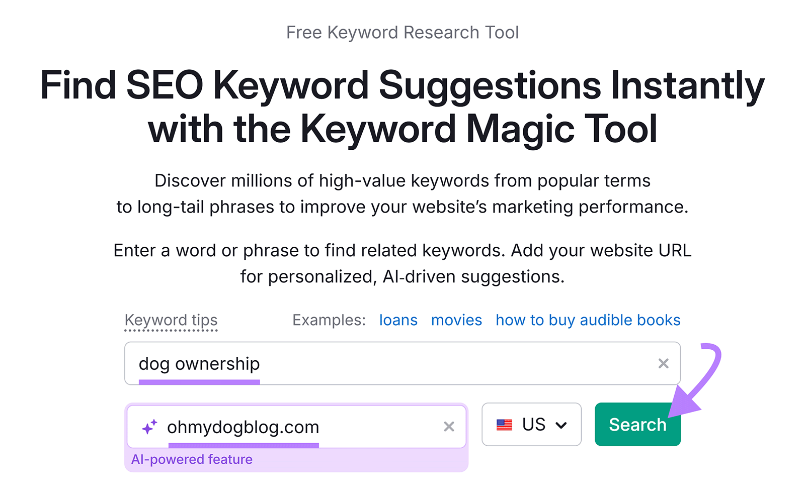 Keyword Magic Tool start with keyword and domain filled; an arrow points to the Search button.