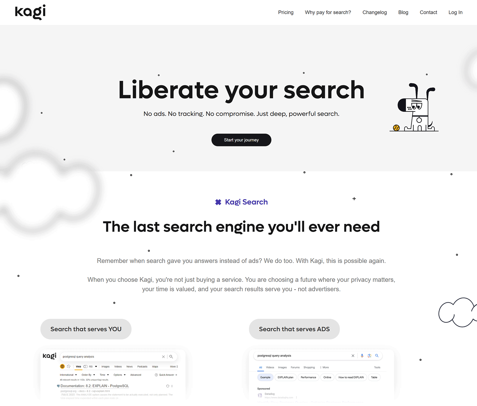 Kagi homepage with a minimalist design and messaging about ad-free, privacy-focused search, featuring a cartoon dog.