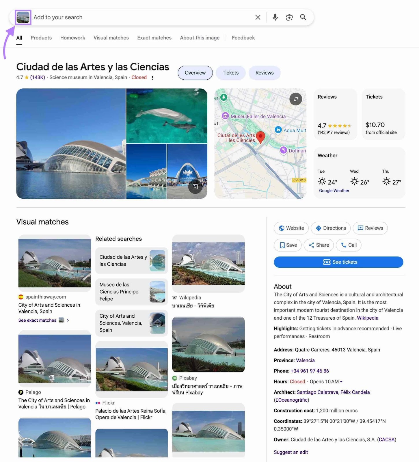 An image of a landmark uploaded to Google Lens which identifies the location and displays information like its name, website, location, etc.