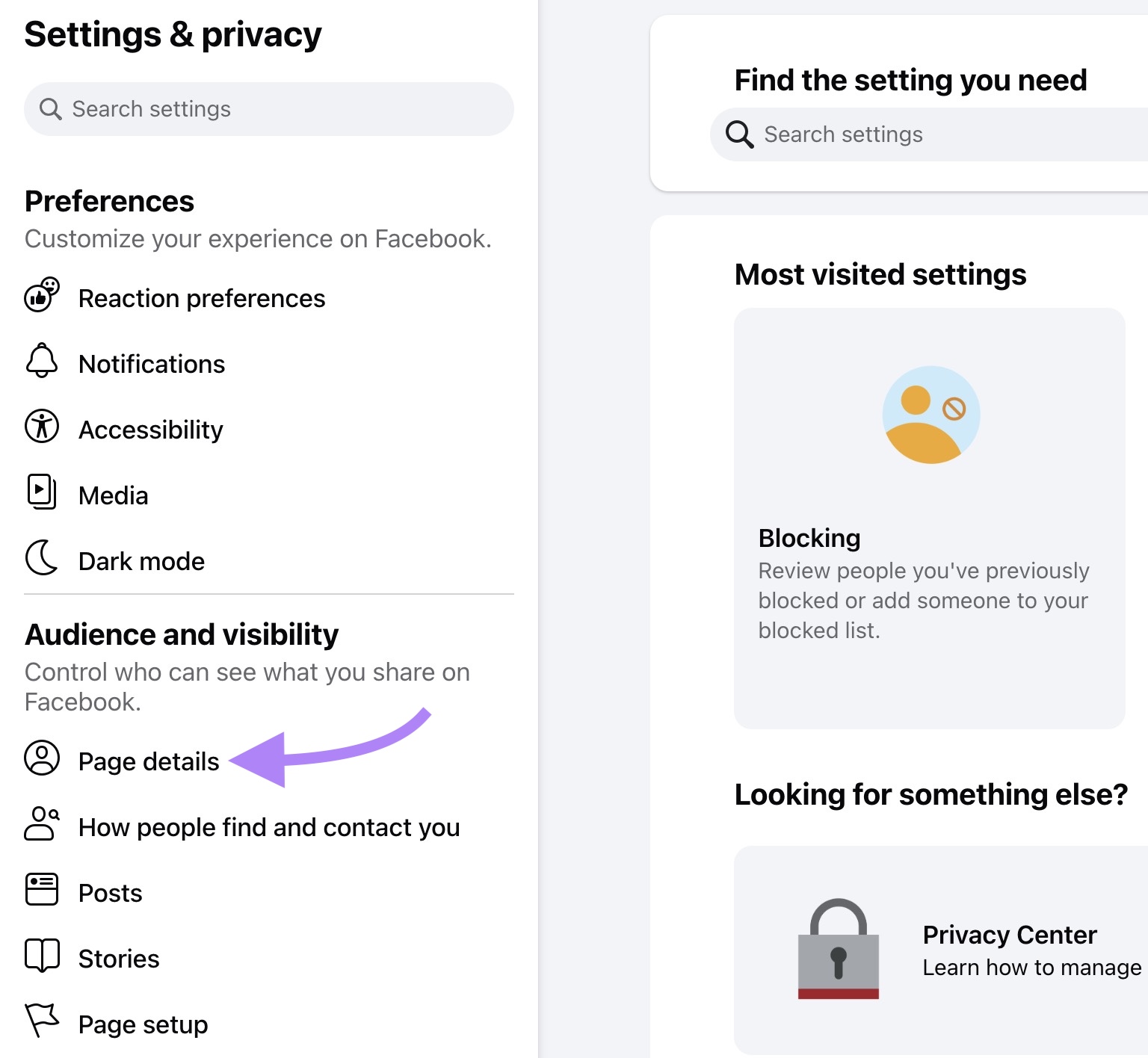 The "Settings & Privacy" window on Facebook with "Page details" on the left clicked.