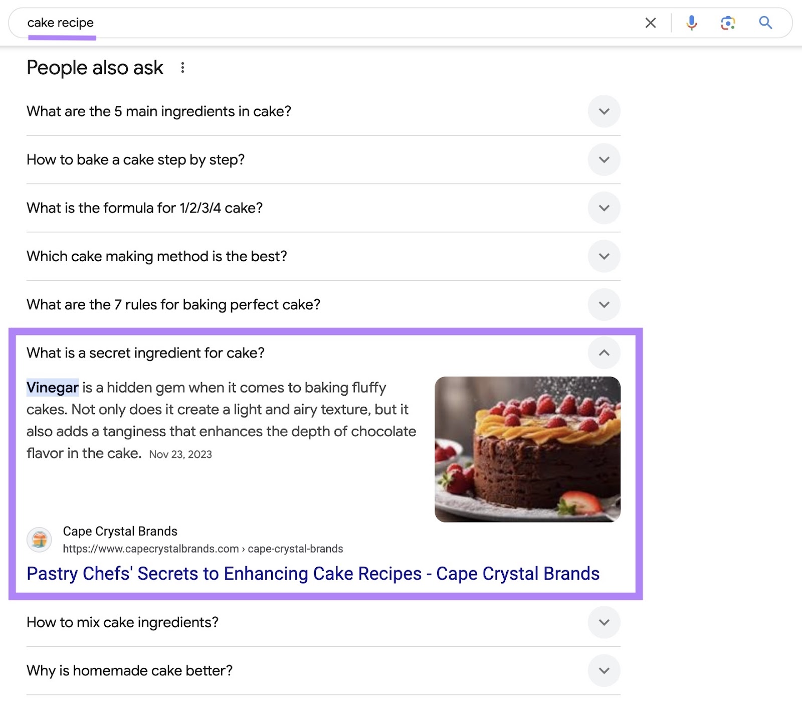 Google SERP for the term "cake recipe" with one of the questions from the People Also Ask section highlighted.