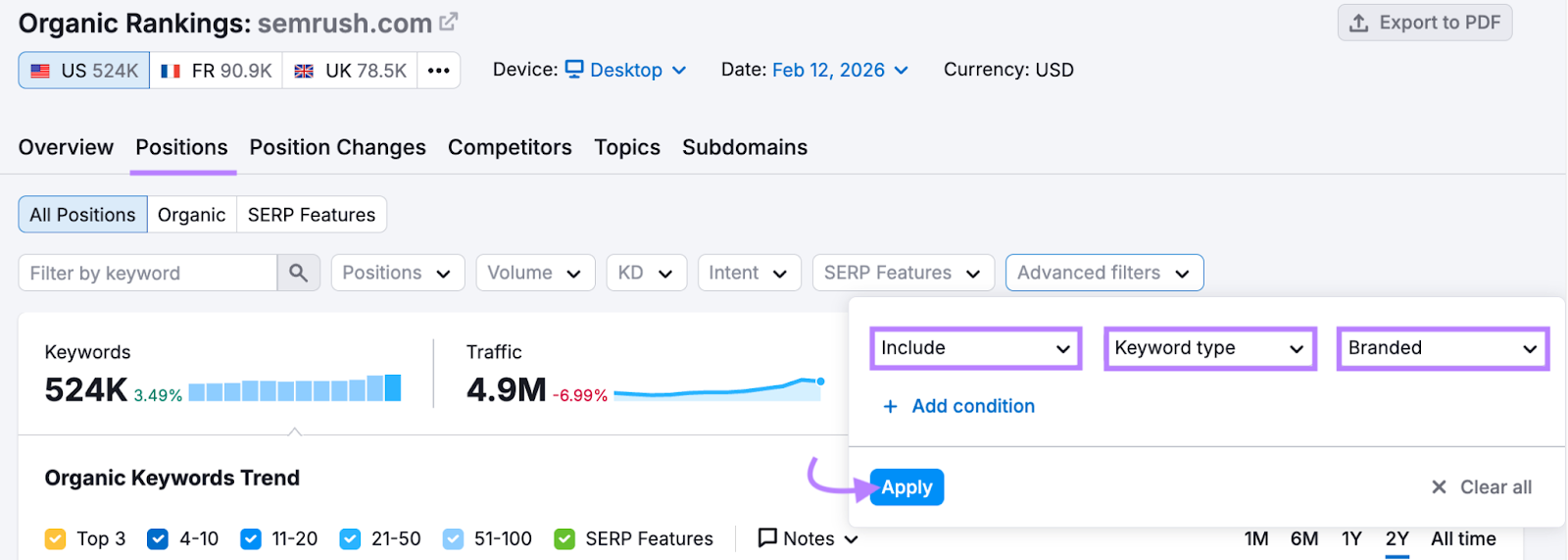 Organic Rankings lets you filter results to see just performance for branded terms.