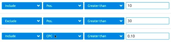 Second and third page filters from SEMrush Keyword positions report