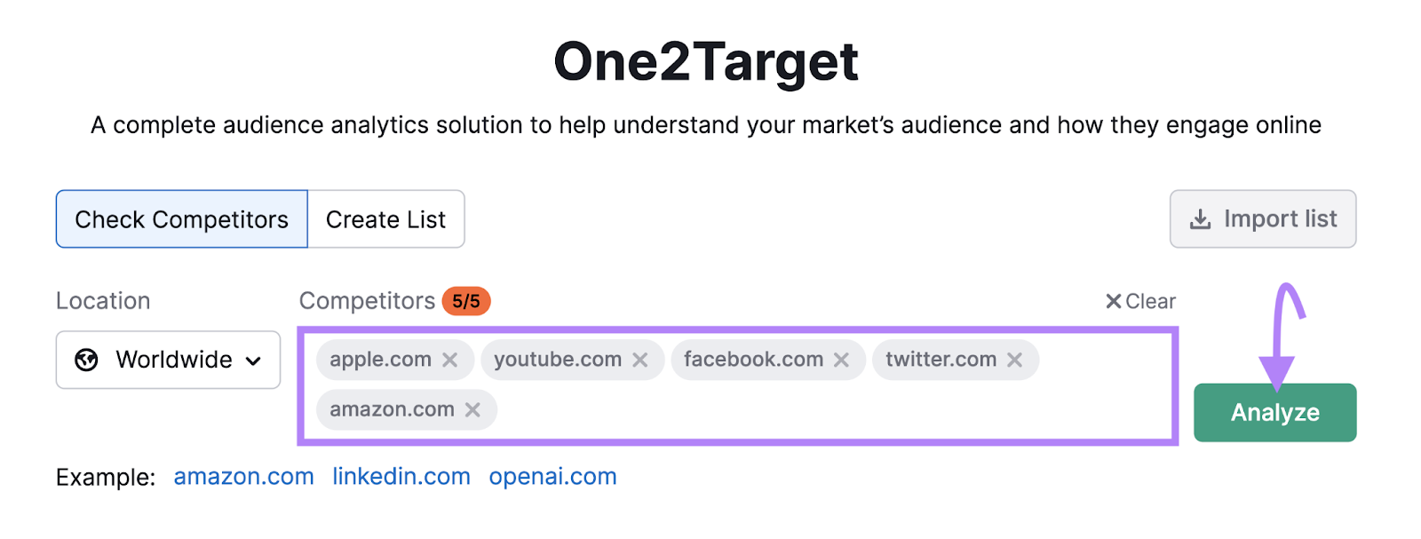 "apple.com," "youtube.com," "facebook.com," "twitter.com," and "amazon.com" entered into the One2Target tool search bar