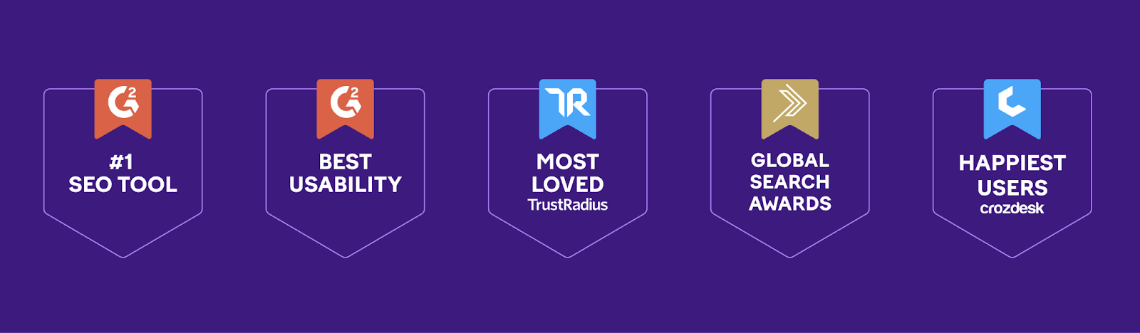 Awards are shown as banners and include proof like number one SEO tool according to reviews on G2.