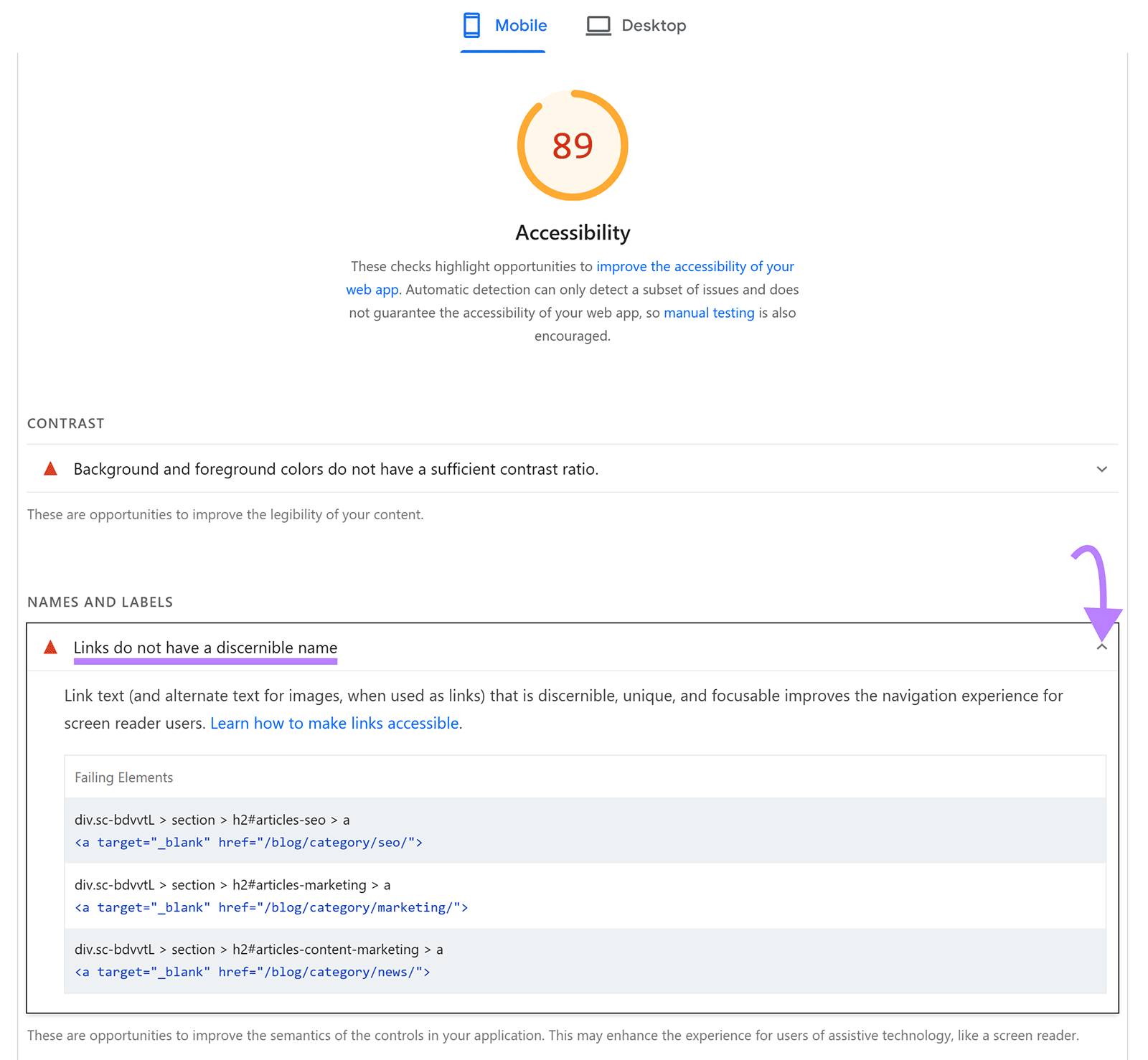 Accessibility report showing score 89 with arrow pointing to section on links without discernible names.