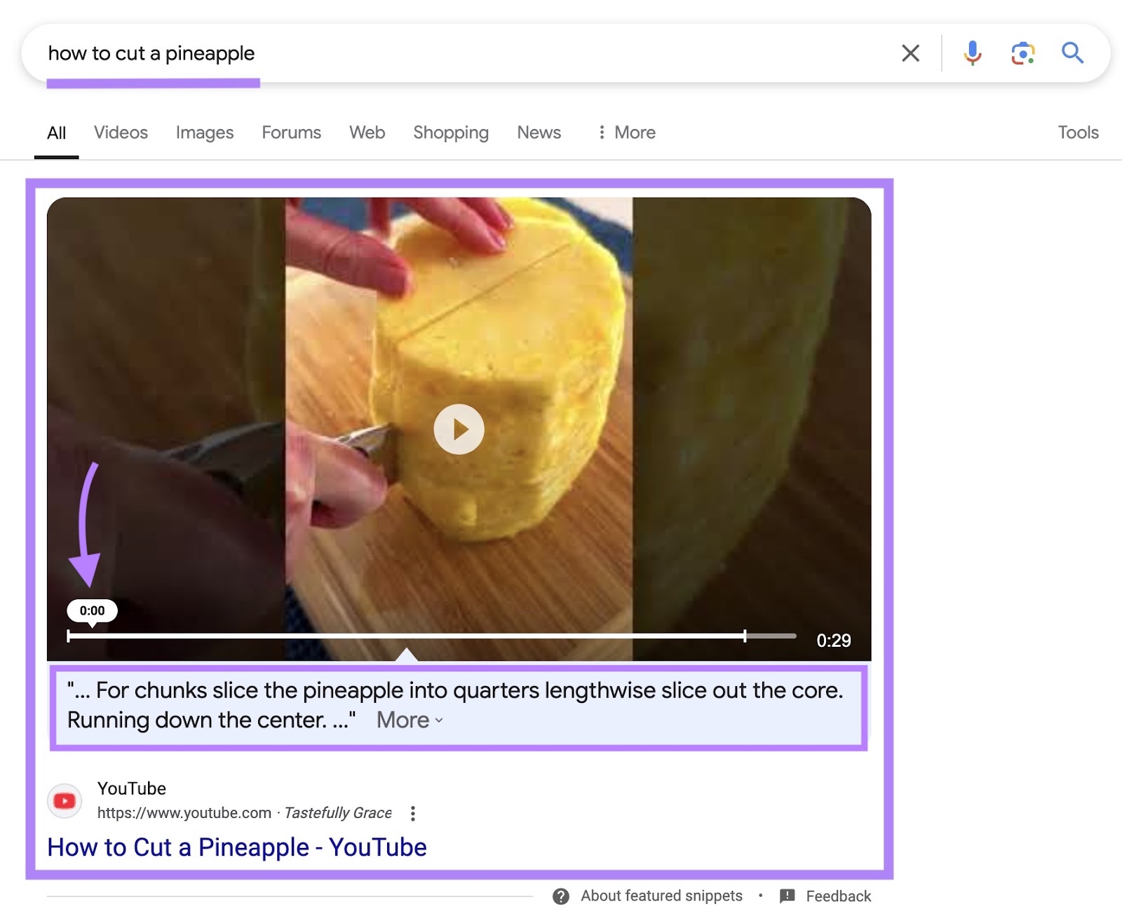 Google SERP for the term "how to cut a pineapple" triggering a video snippet.