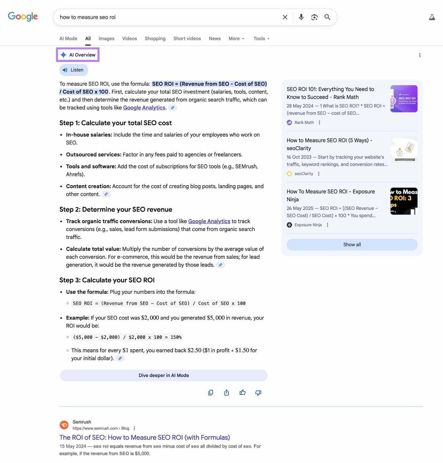 Google SERP for the term "how to measure seo roi” with an AI Overview appearing at the top followed by a traditional blue link result.