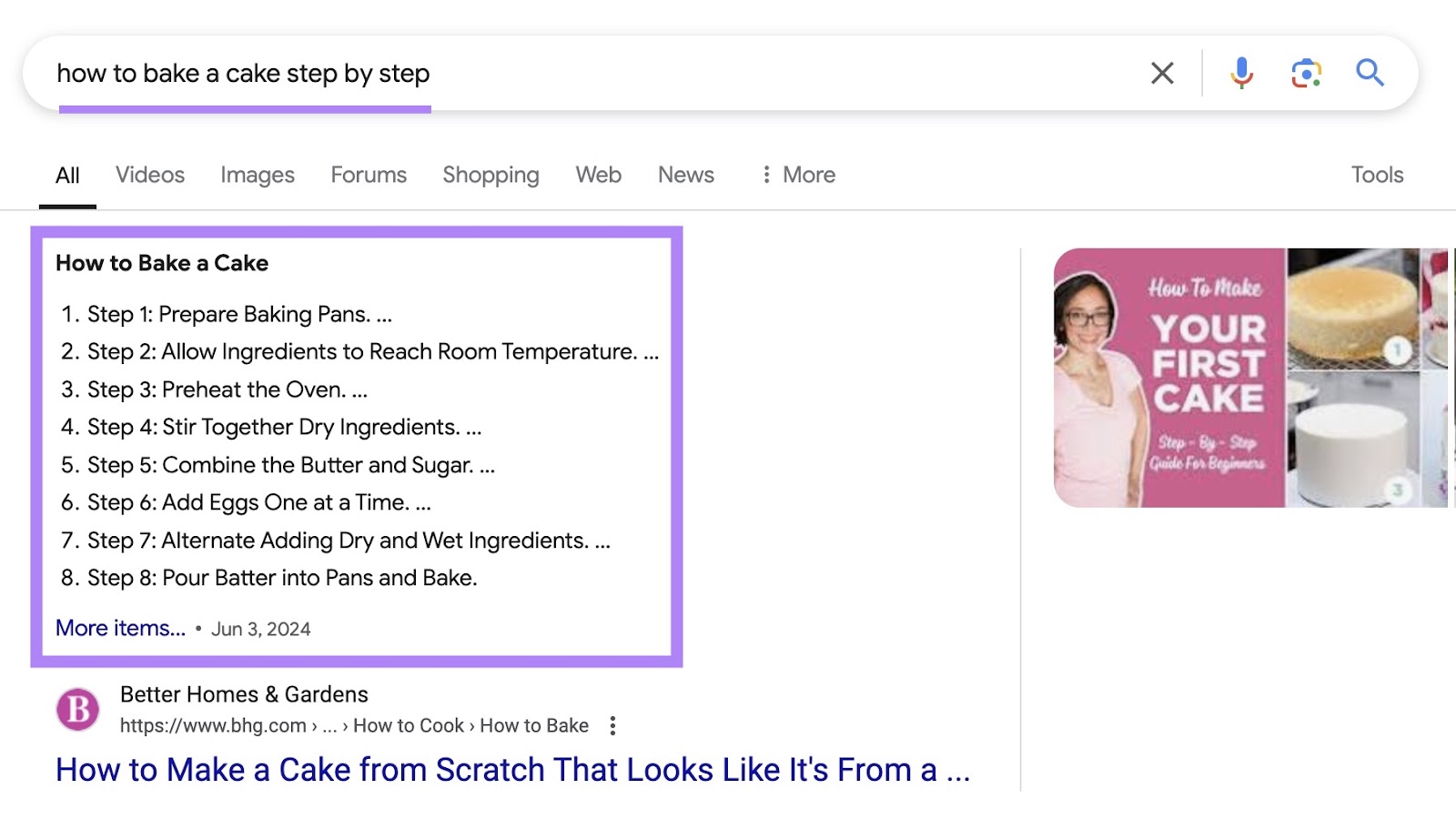 Google SERP for the term "how to bake a cake step by step" triggering an ordered list snippet.