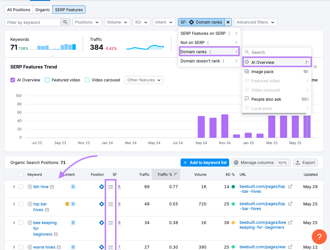 Filter for keywords where competitor ranks and is in AI Overview
