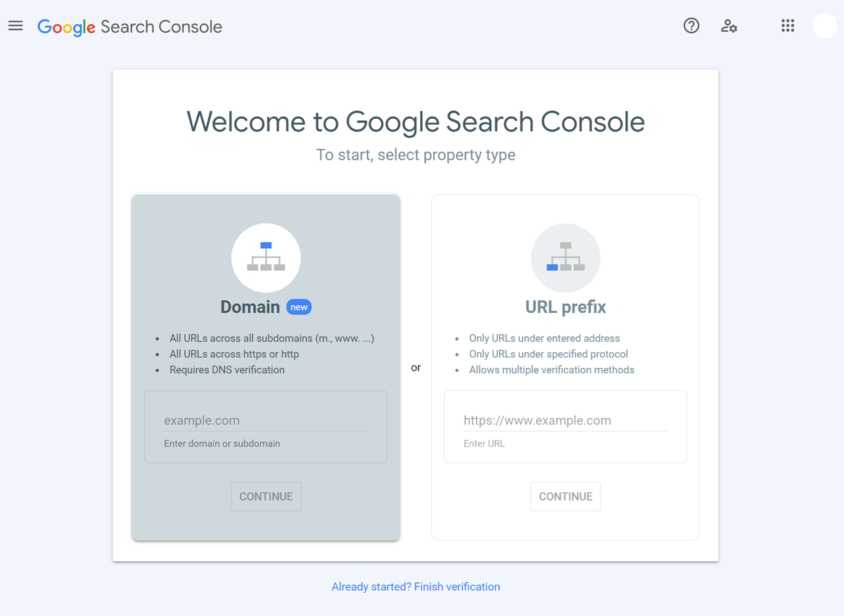 Google Search Console setup page