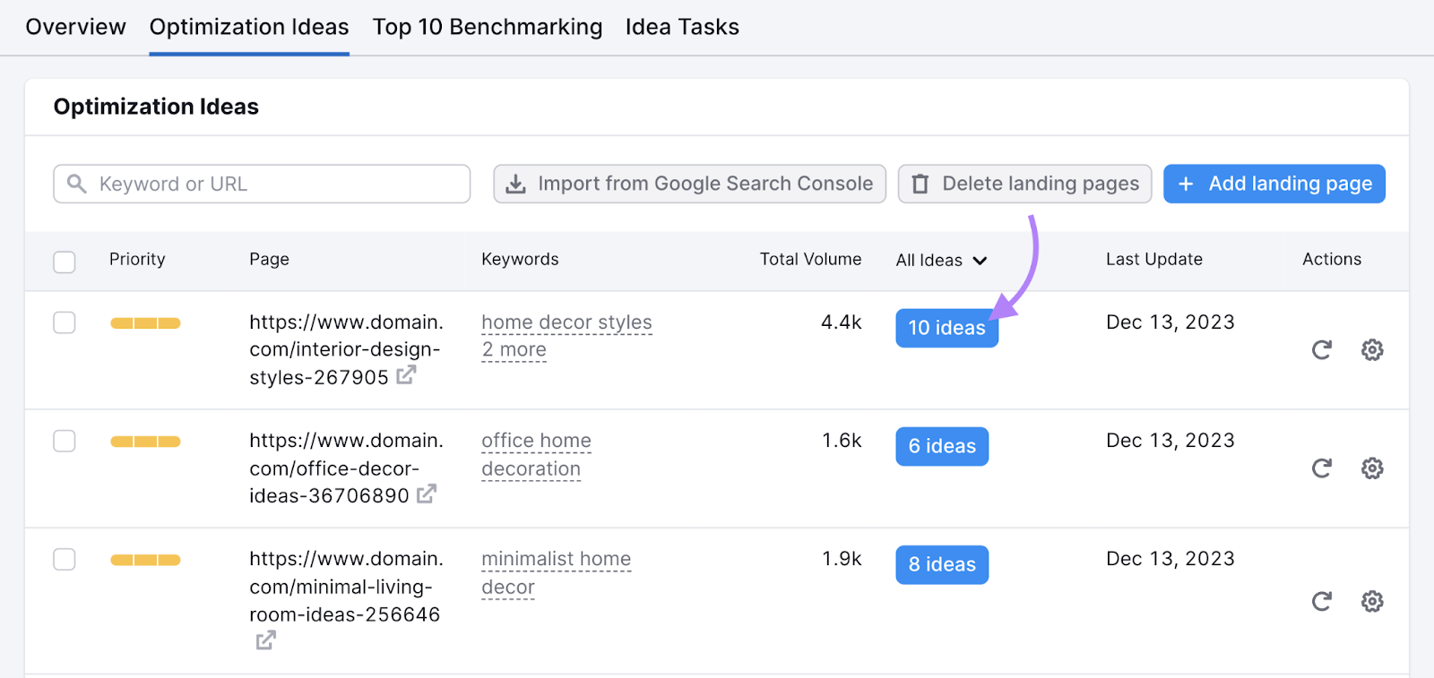 number of ideas button highlighted