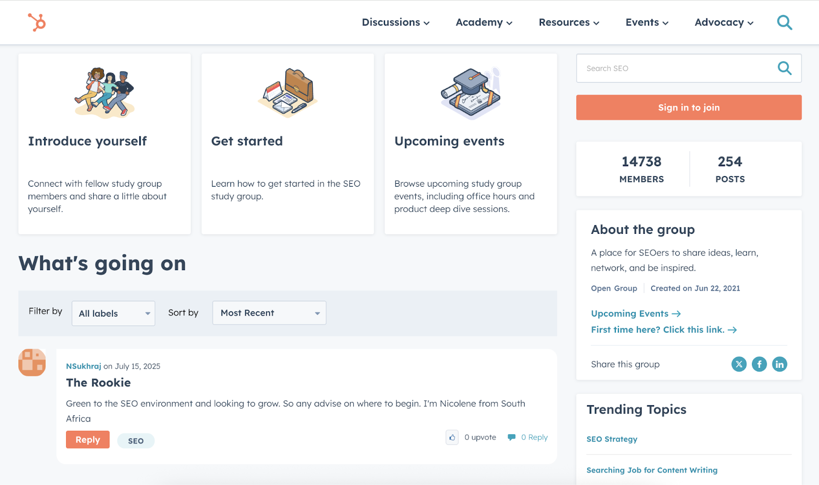 Hubspot's certification community group has almost 15,000 members and has discussions on trending topics.