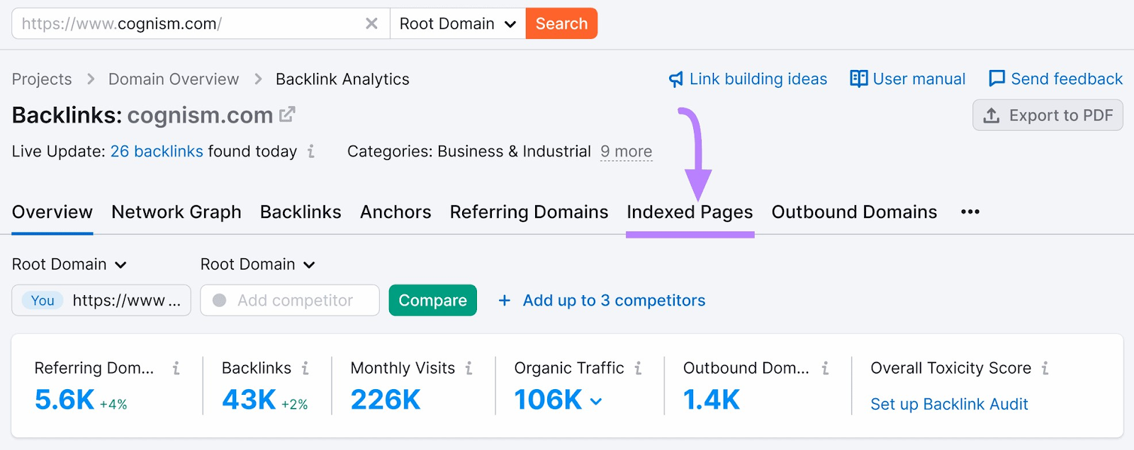 Overview report on Backlink Analytics with the "Indexed Pages" tab highlighted.