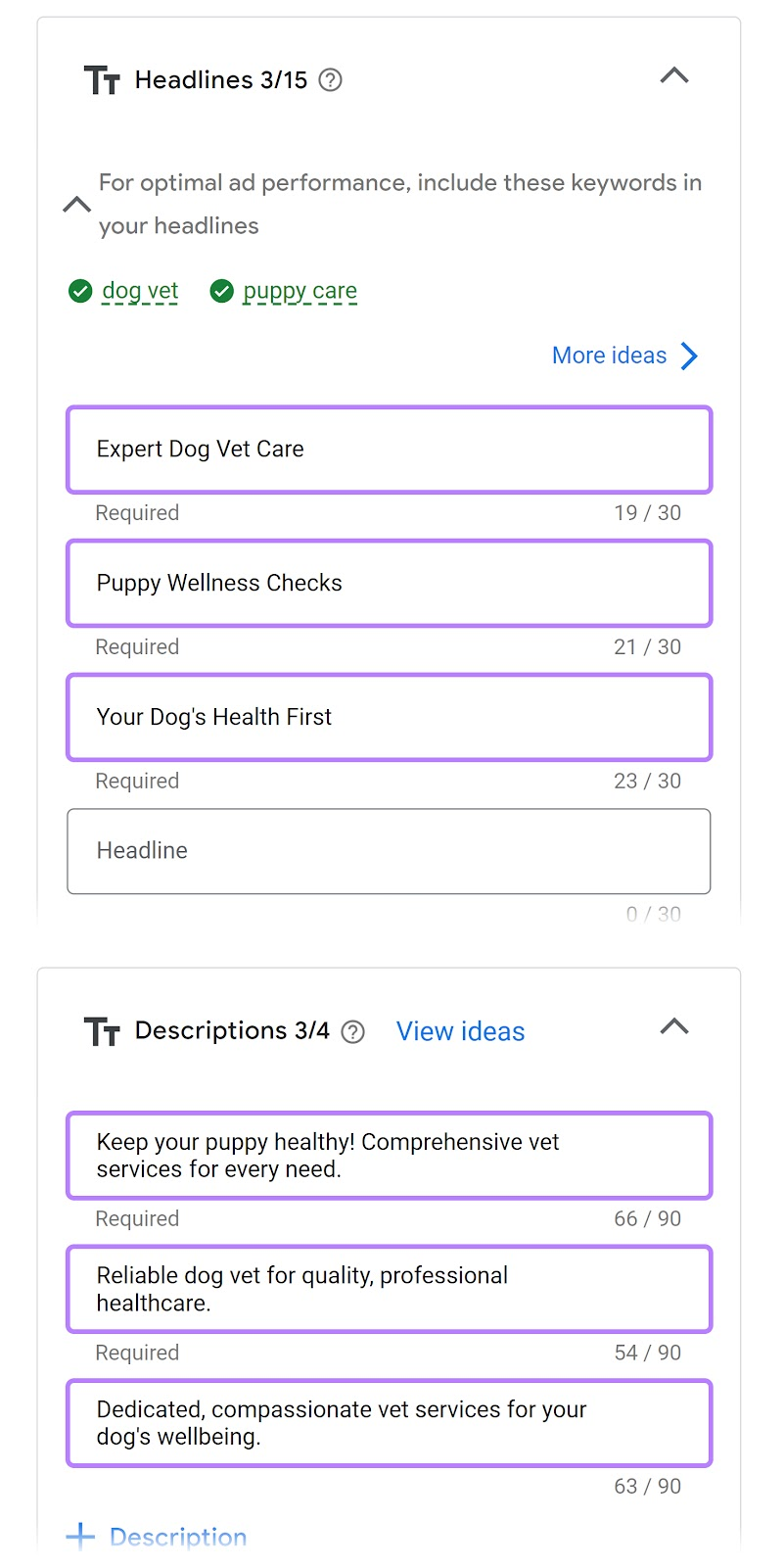 Enter ads' headlines and descriptions