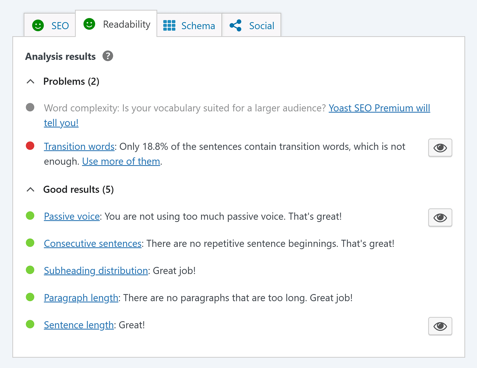 Yoast SEO readability analysis highlighting transition word issues and positive sentence structure results