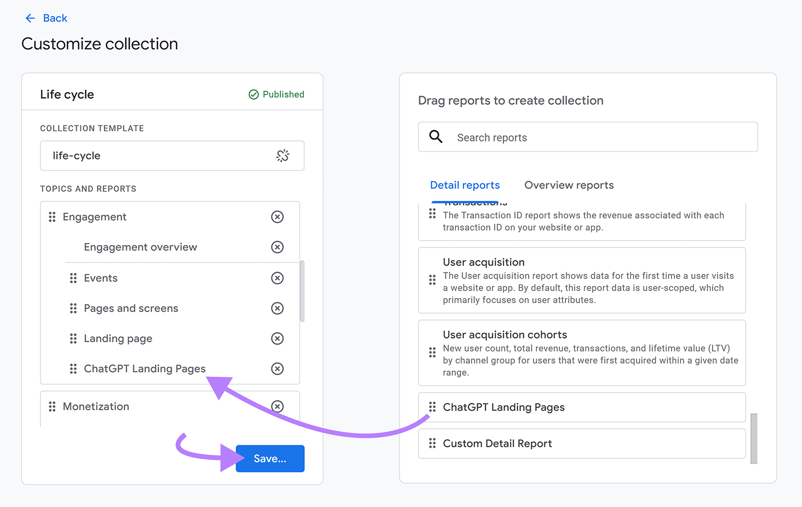 Customize collection screen with ChatGPT Landing Pages added and Save button highlighted.