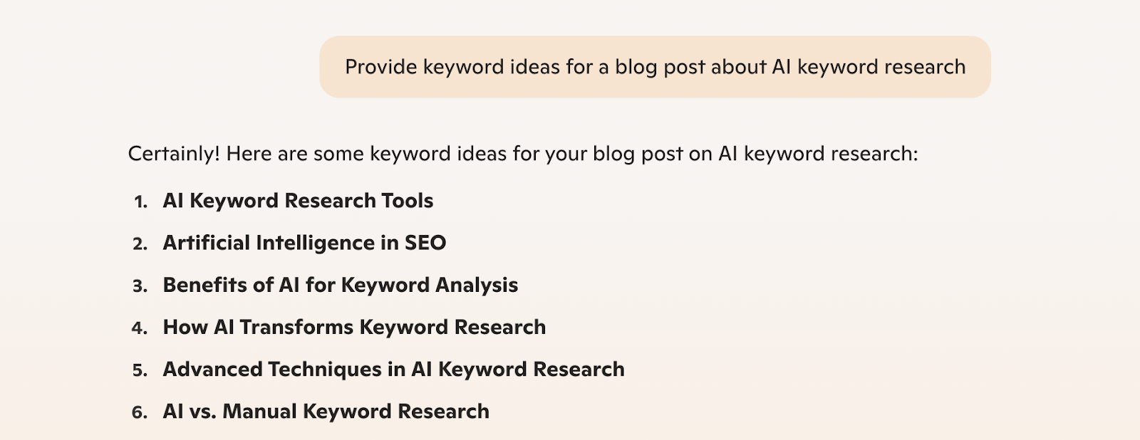 Copilot interface showing a prompt asking for keyword ideas for a blog post along with the response generated by the tool.