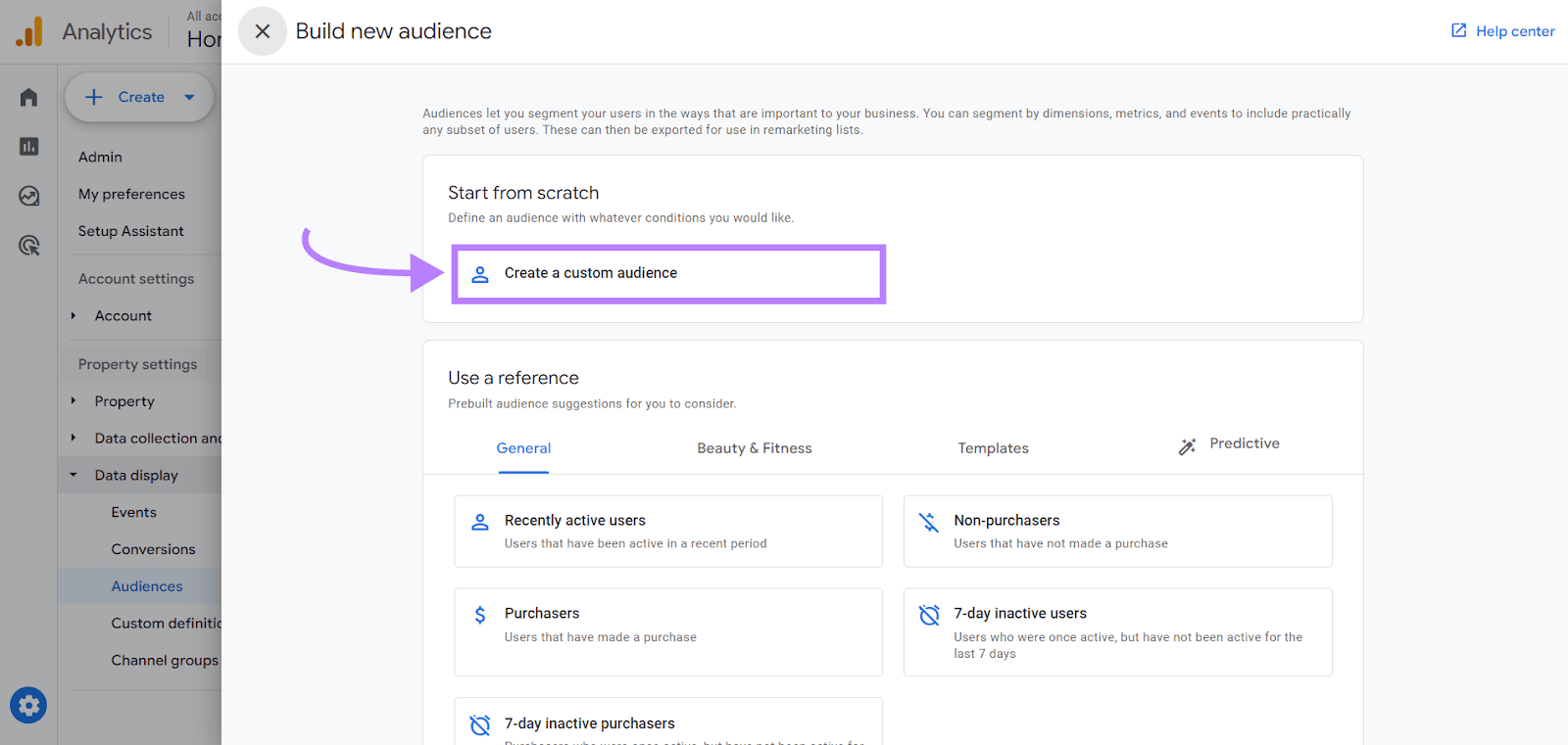 "Create a custom audience" in Google Analytics