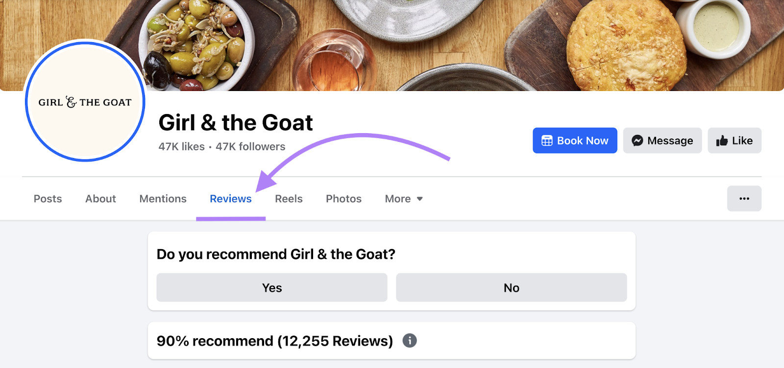 Facebook reviews tab shows percentage who recommend the business and the number of reviews.