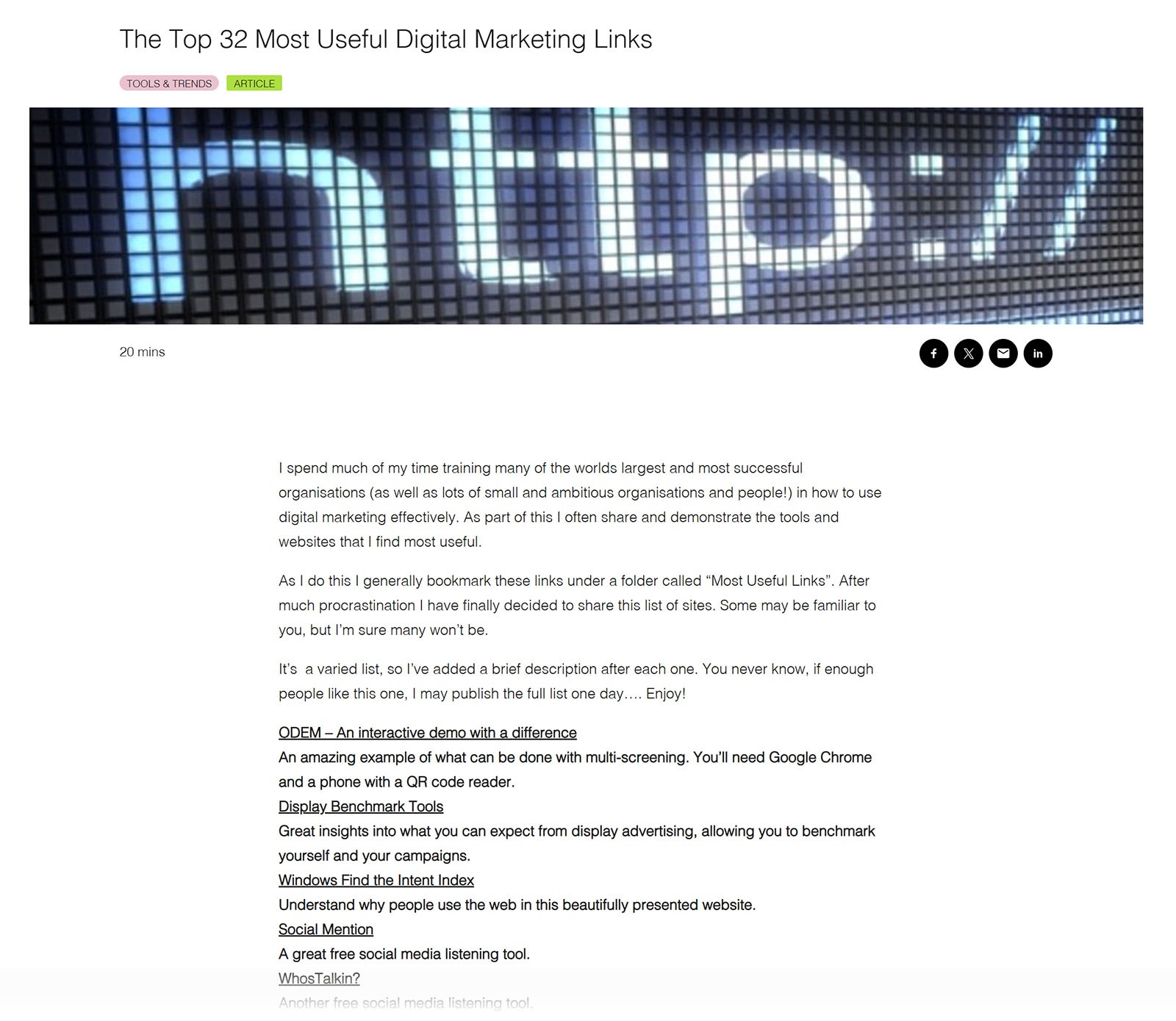 Resource page listing useful digital marketing links and recommended websites