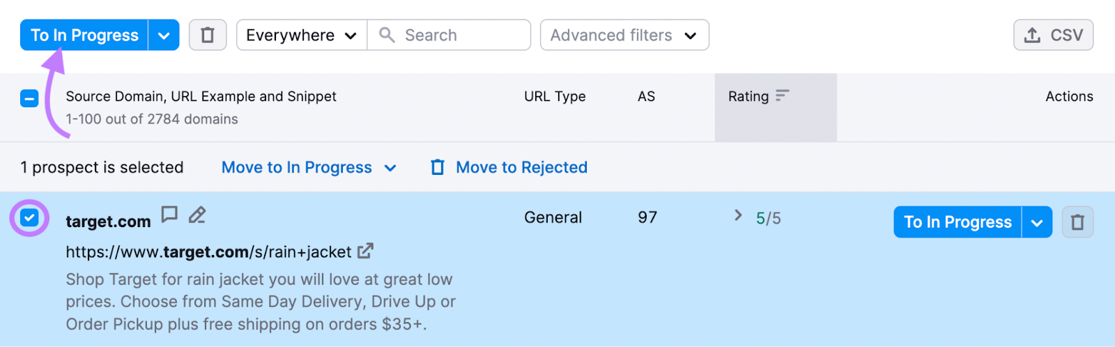 A prospect selected and "To In Progress" clicked on the Link Building Tool.