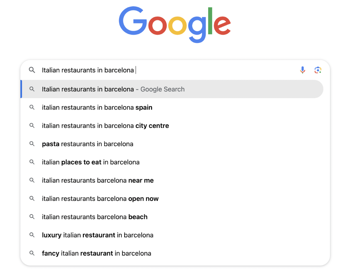 Entering “Italian restaurants in barcelona” to see what autocomplete suggestions appear.