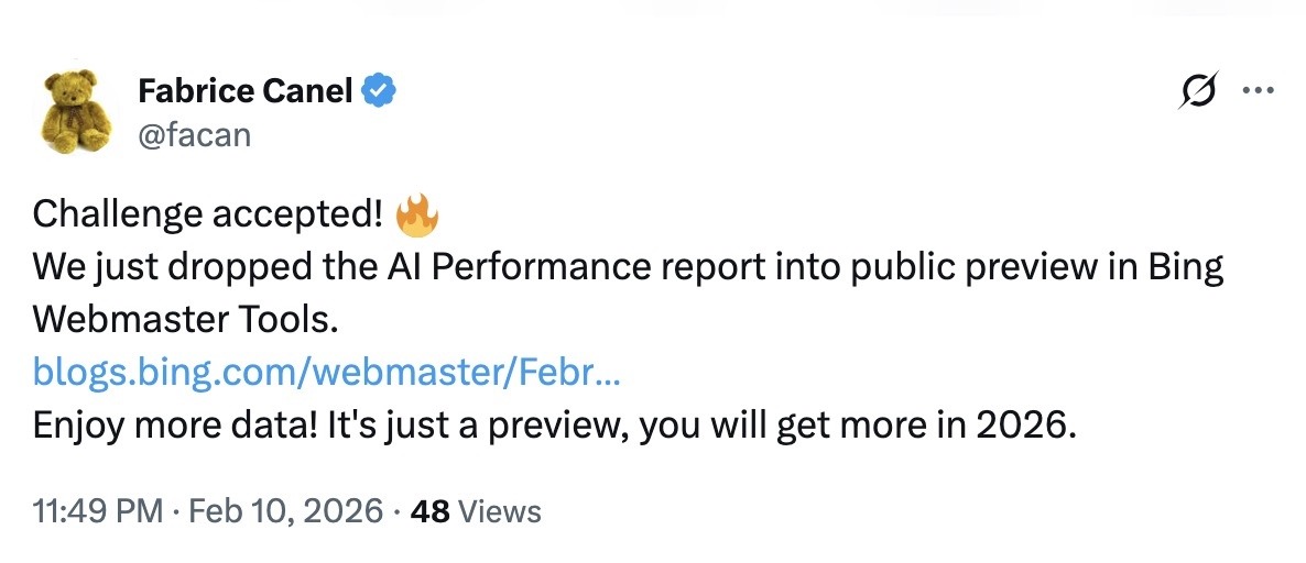A post on X by Fabrice Canel talking about Bing's AI Performance report.