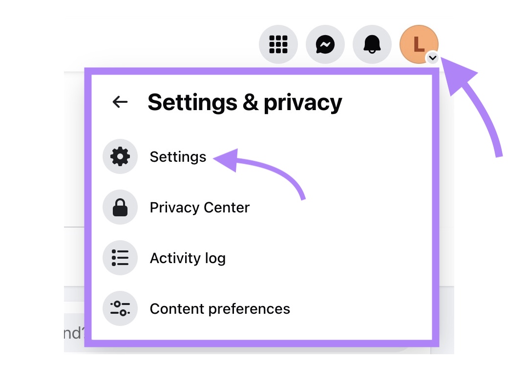 "Settings" from under "Settings & Privacy" clicked on Facebook.