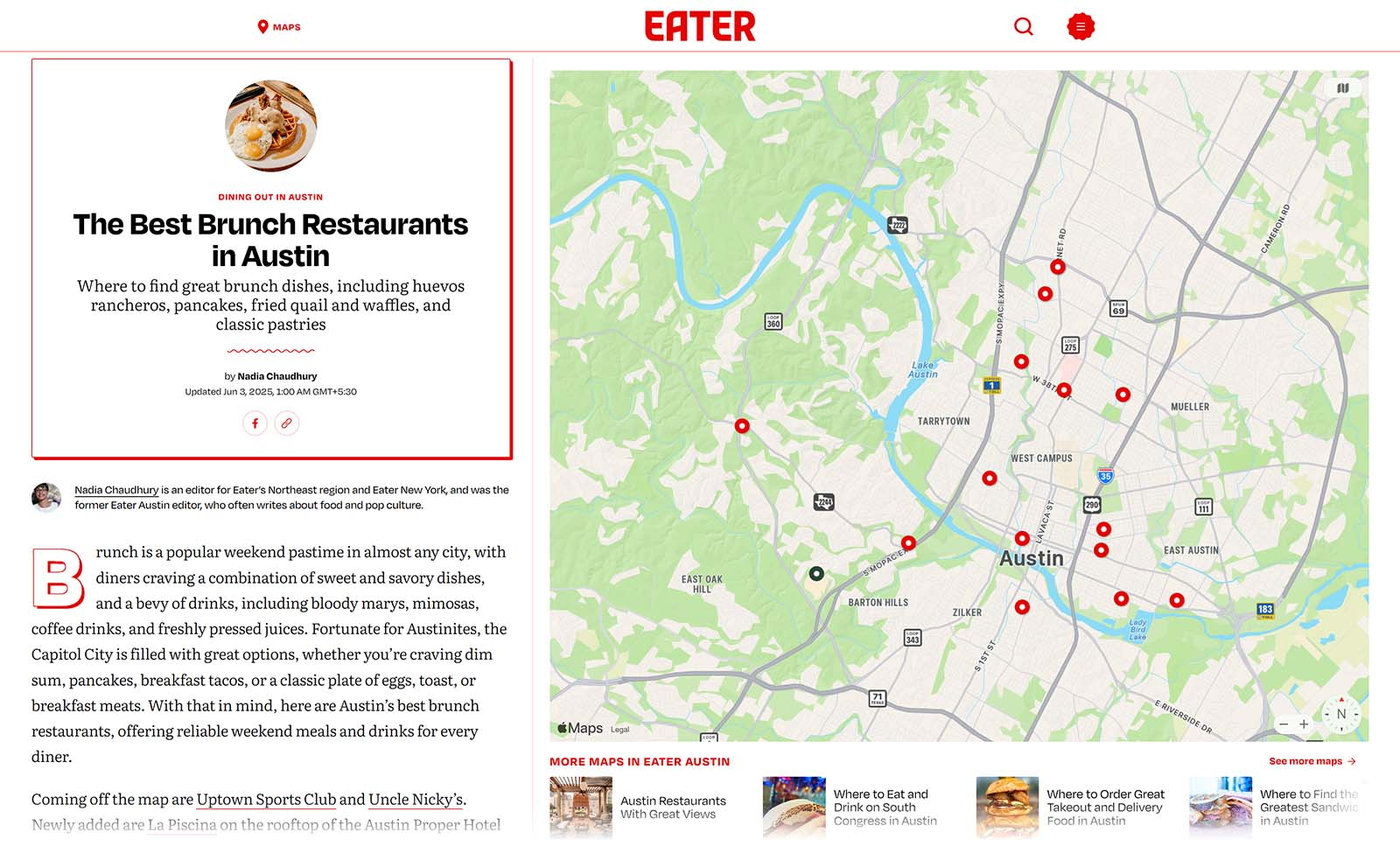 Article about best brunch spots in Austin with a map of restaurant locations