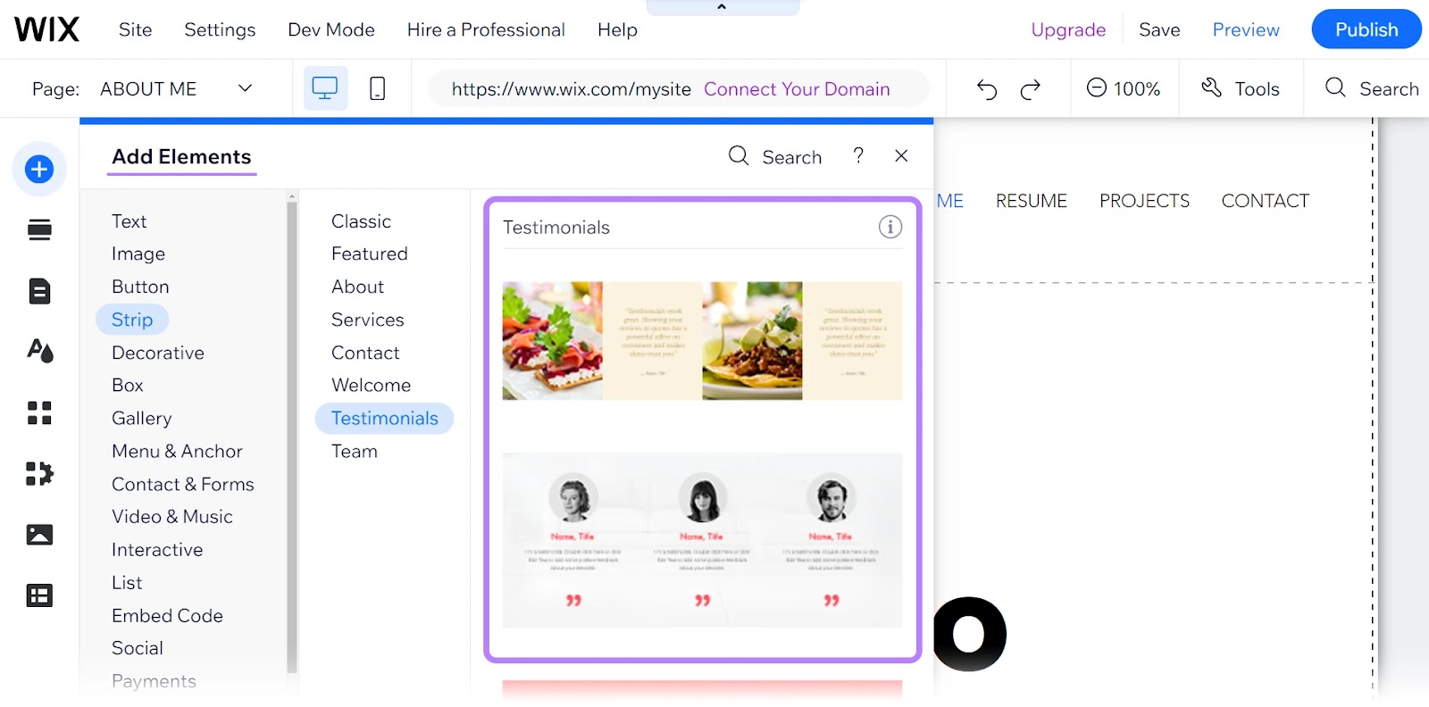 Wix’s interface, showing selected template and editing options