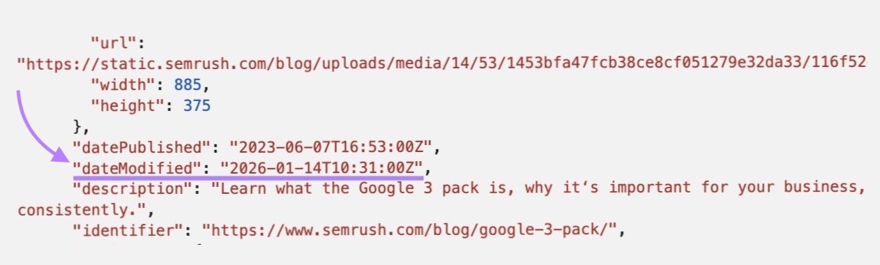 The "dateModified" property highlighted on the source code of a page.