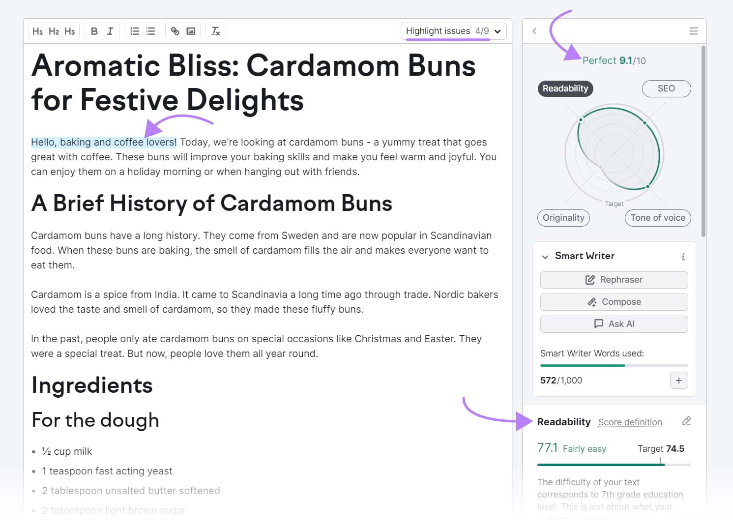 Examples of SEO Writing Assistant's suggestions on an article titled "Aromatic Bliss: Cardamom Buns for Festive Delights"