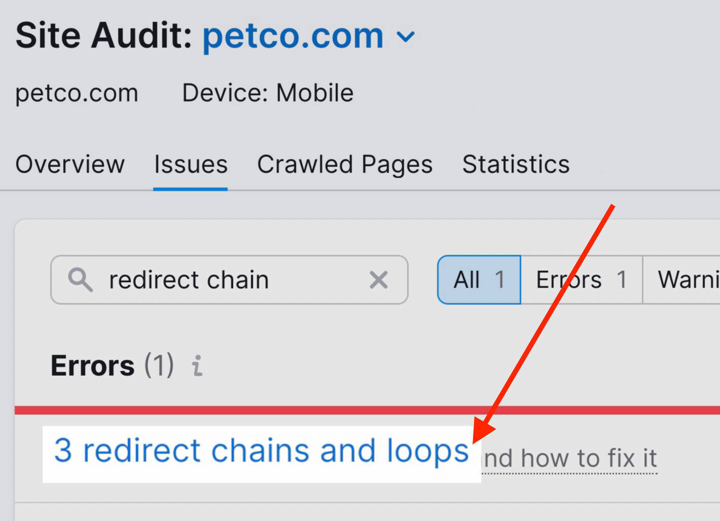 "3 redirect chains and loops” shown for "petco.com" project in Site Audit
