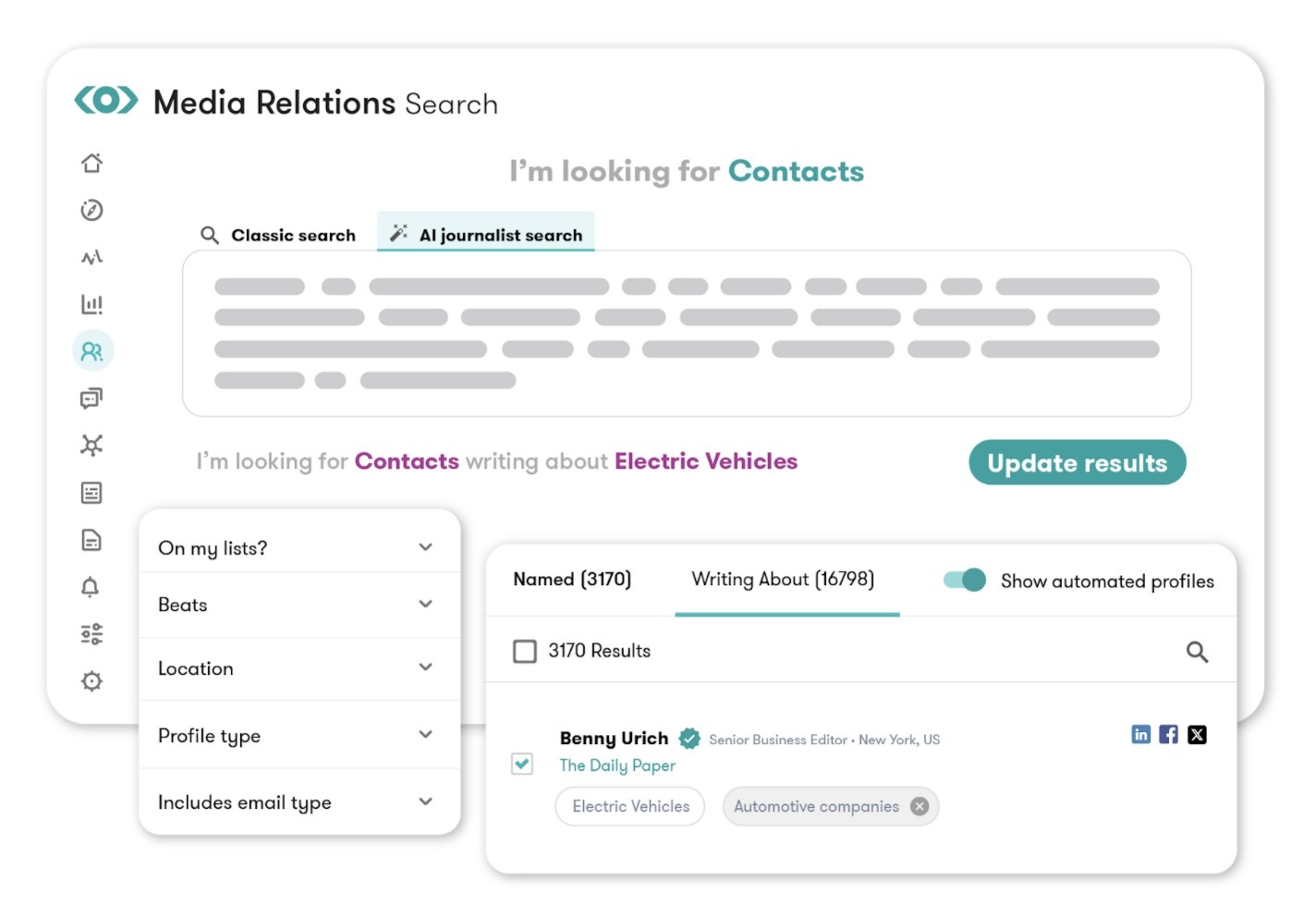 "AI journalist search" on Meltwater to find contacts writing about a specific topic.