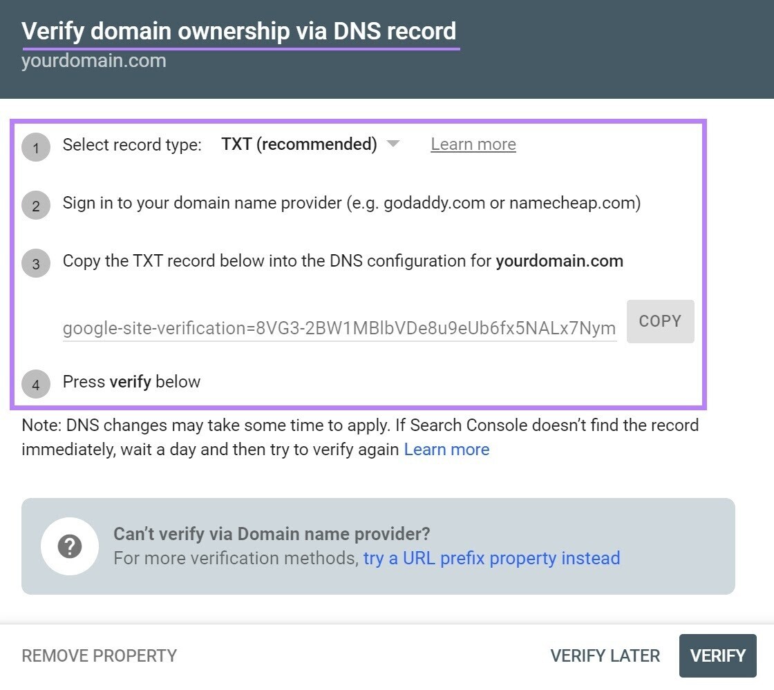 "Verify domain ownership via DNS record" screen