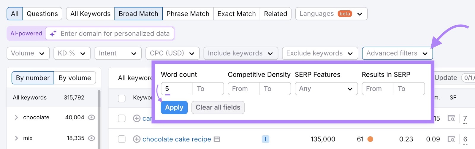 Keyword Magic Tool start with the "Advanced filters" drop-down opened, "5" entered as the minimum word count and "Apply" clicked.