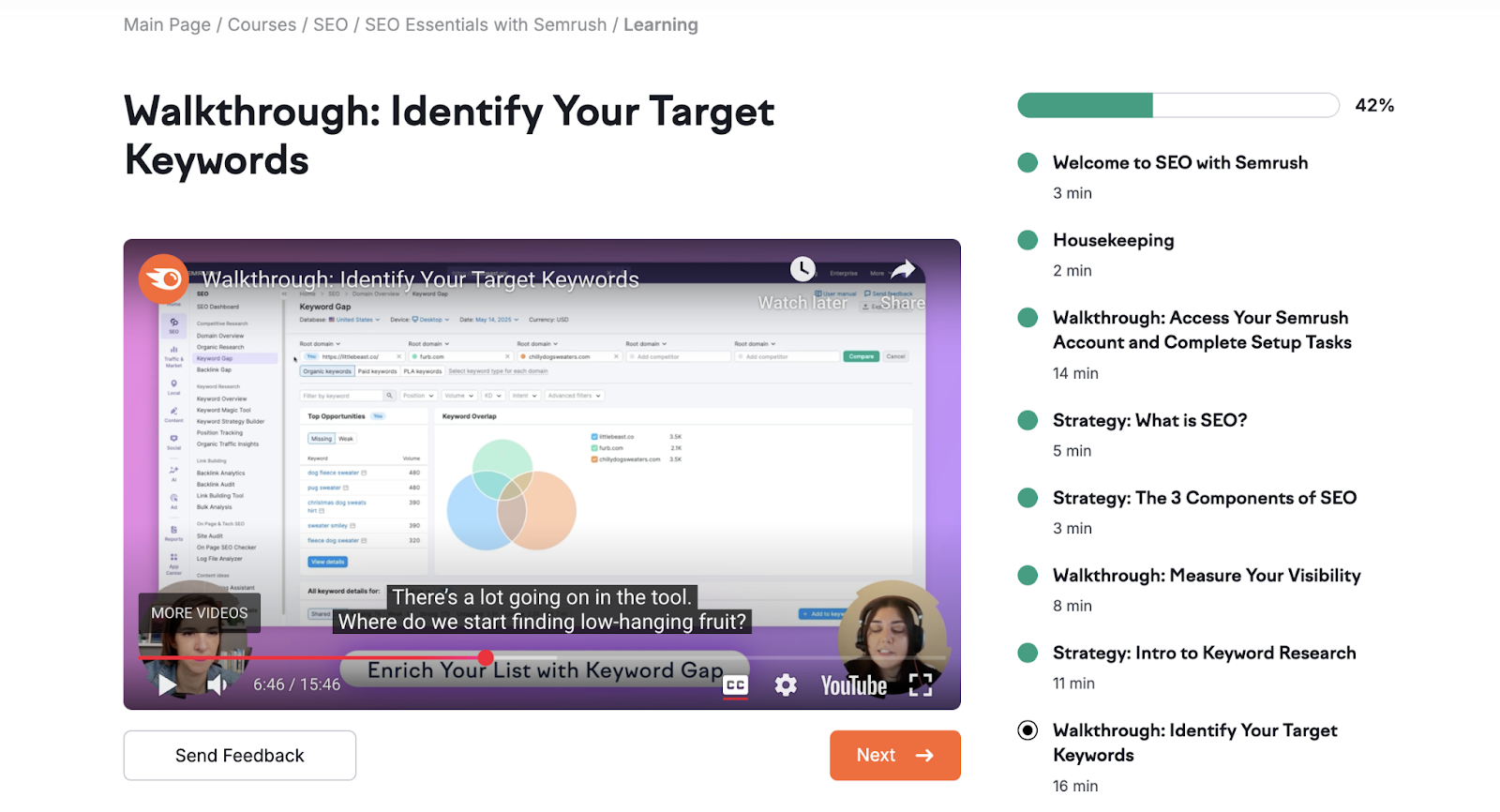 Semrush's SEO certification lists lessons like what is SEO, SEO strategy, visibility, keyword research, and more with accompanying videos.