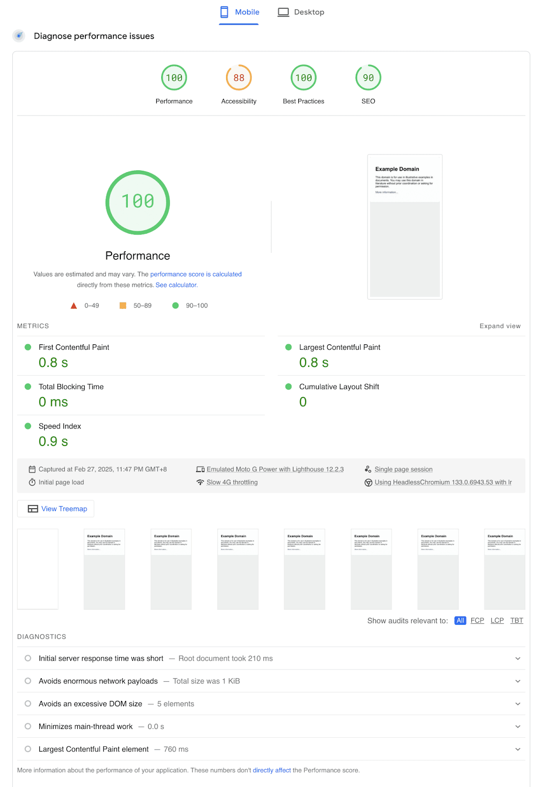 Pagespeed insights report showing that example.com has good performance.