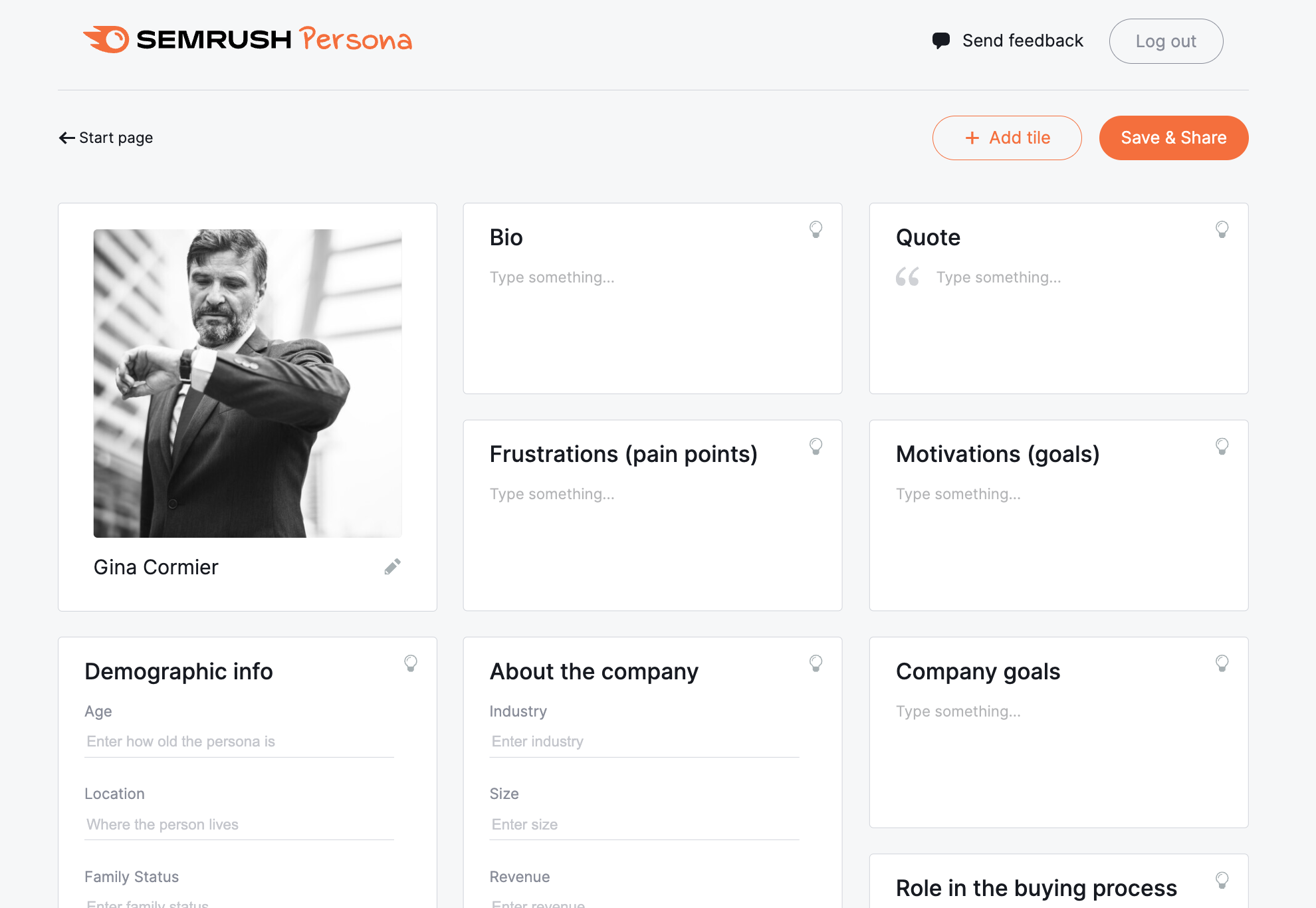 Semrush buyer persona tool showing a buyer persona’s demographic info, bio, pain points, goals, and motivations in one place.