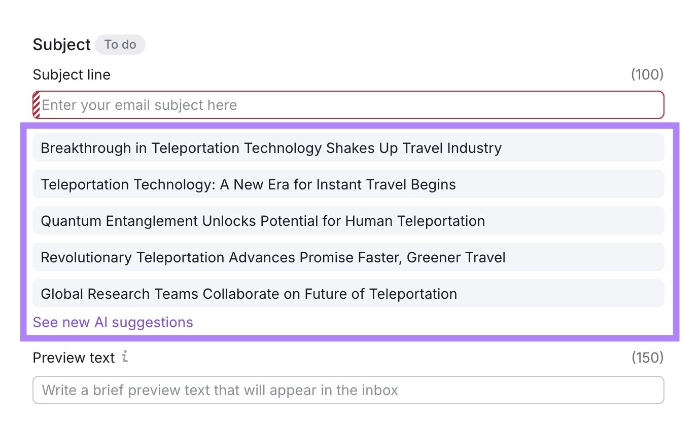 A list of AI-generated subject line recommendations for a press release on the AI PR toolkit.