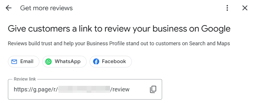 Options include email, WhatsApp, Facebook, and copy the review link.